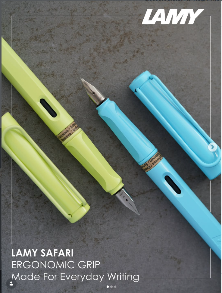 • LAMY Safari
سبک و مقاوم، با گریپ ارگونومیک و سرقلم استیل در ضخامت‌های مختلف؛
انتخابی کاربردی برای آشنا شدن با نوشتن با خودنویس.